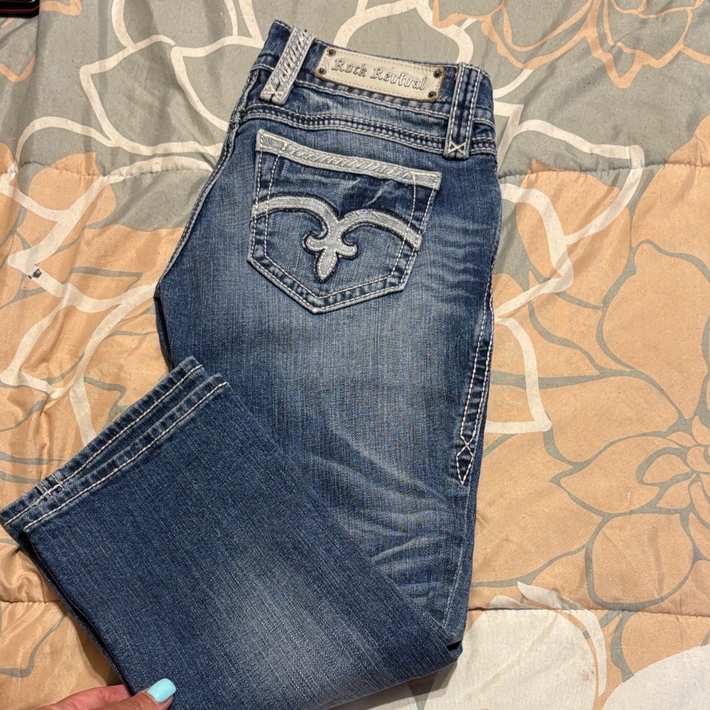Rock Revival Light Blue Cropped Jeans with Embroidered Detail